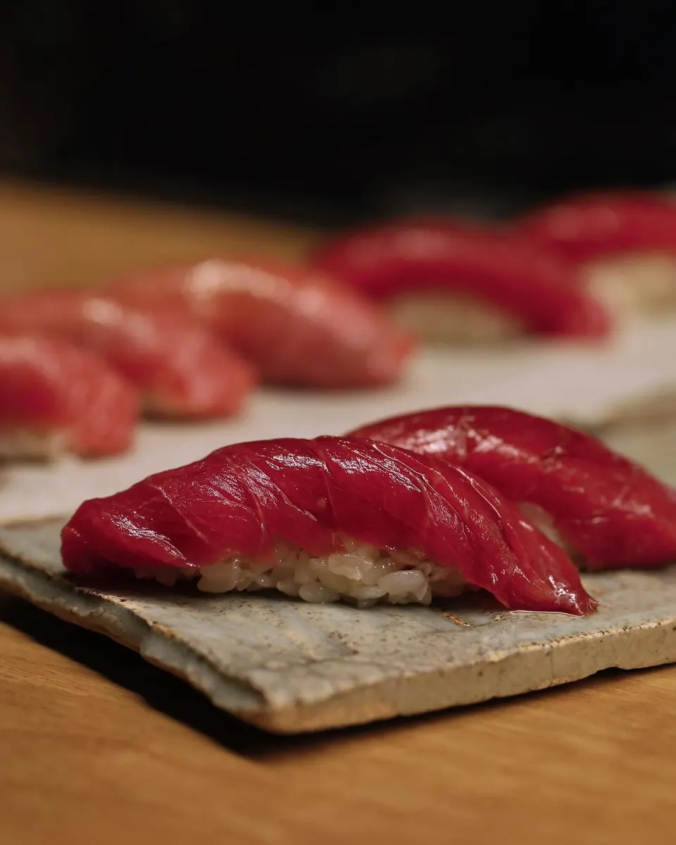 Lean tuna nigiri on a ceramic slab at the counter