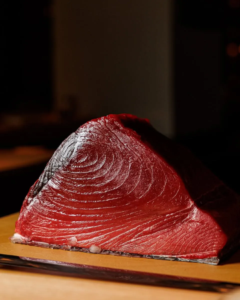A block of deep-red tuna loin on a wooden board